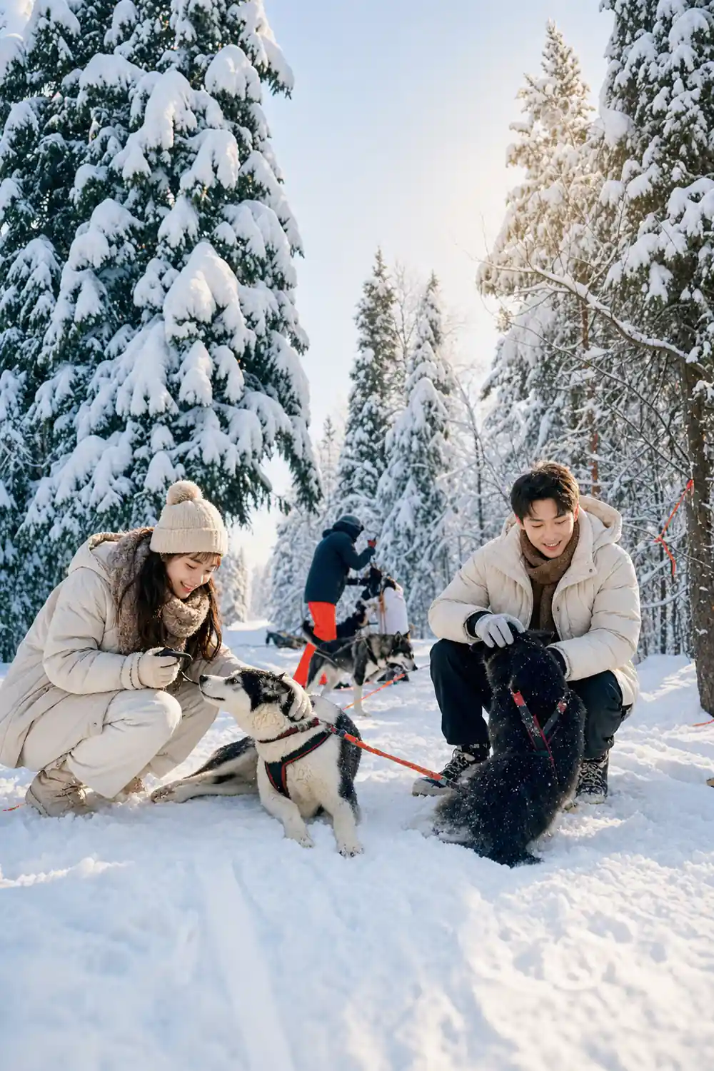 Group of visitors with dogs and sleds in heavy snow covered forest