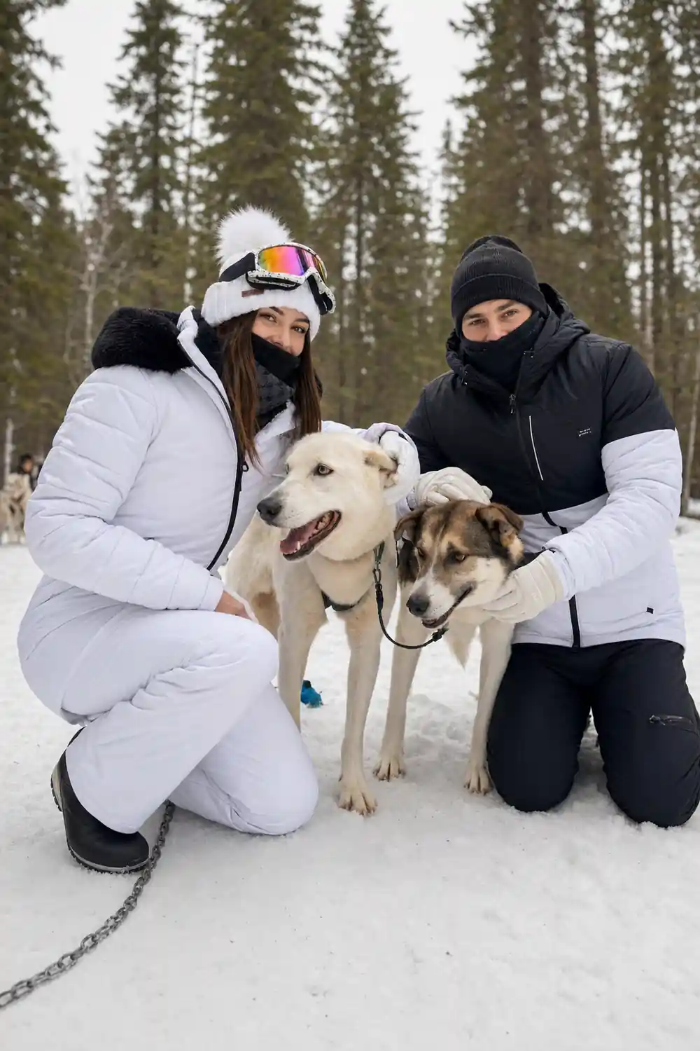 Two visitors in white kneeling with a pair of huskies